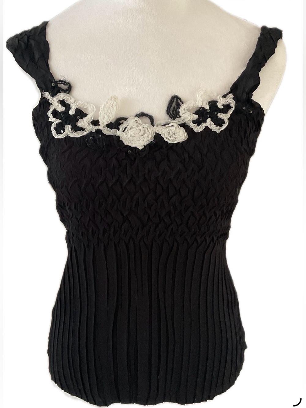 Black Crinkle Pleated  Elegant Tank Top with White Floral embroidered Trim